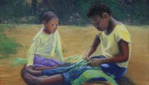 South African Artist Erna Louw - Girls platting with Leaves - Pastel on Canson Paper